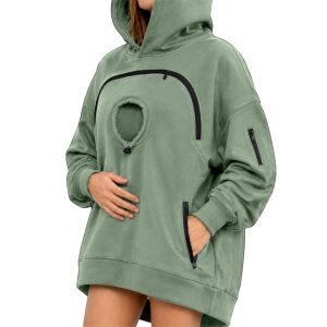 Cross-border women's hooded sweatshirt with pet cat pocket, casual style, long-sleeved hooded fleece-lined top with zipper.