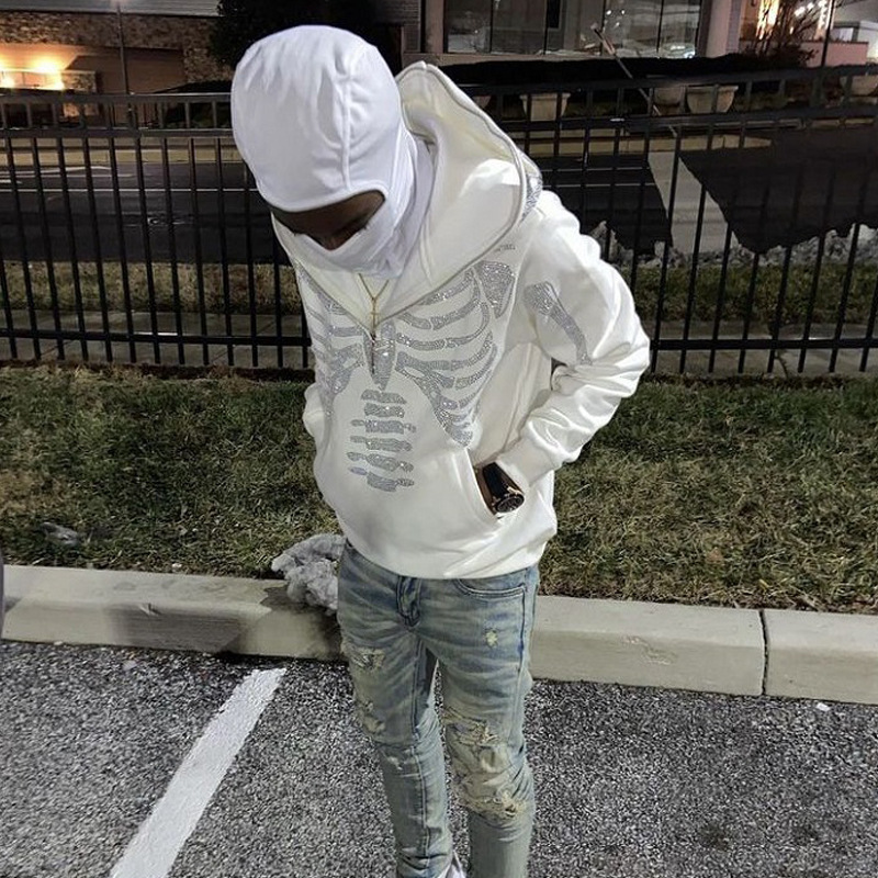 European and American Amazon cross-border wholesale hot bead skull hoodie graphic white oversized hoodie long-sleeved top - Image 2