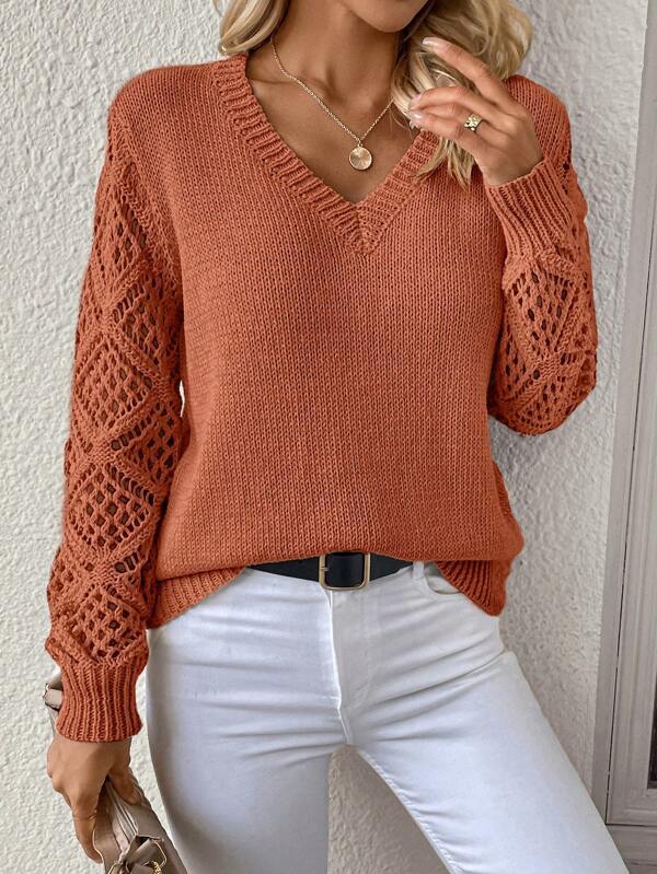 Spring and Autumn Outerwear Hollow-out Knit Sweater Women's Pullover Long Sleeve Crochet Jacquard Loose V-neck Base Top Cross-border - Image 14