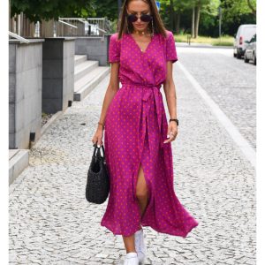 2023 European and American women's cross-border foreign trade AliExpress Amazon summer new v-neck print tie dress