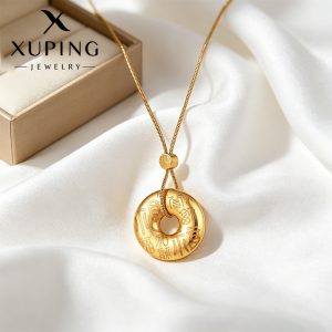 Xuping New Chinese Style Imitation Gold Geometric Round Necklace Retro Style Stainless Steel 24k Color Fashion Safety Buckle Necklace