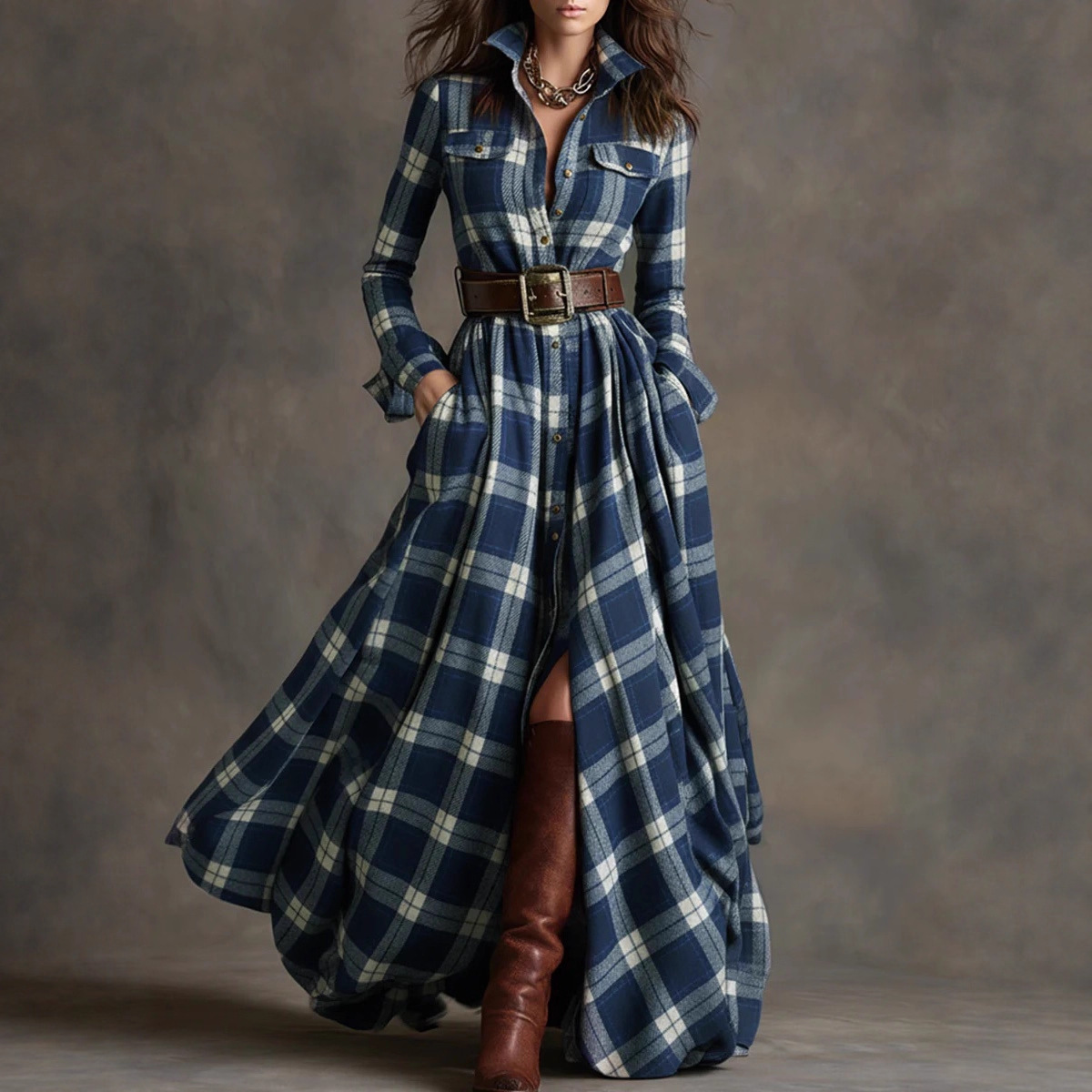 2025 European and American cross-border women's clothing, French retro plaid dress, new style from Amazon independent website. - Image 3