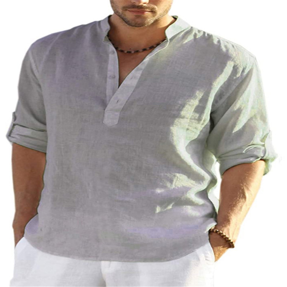 2023 Independent Station foreign trade men's casual cotton and linen solid color long-sleeved shirts loose stand-up collar shirts for men in stock - Image 4