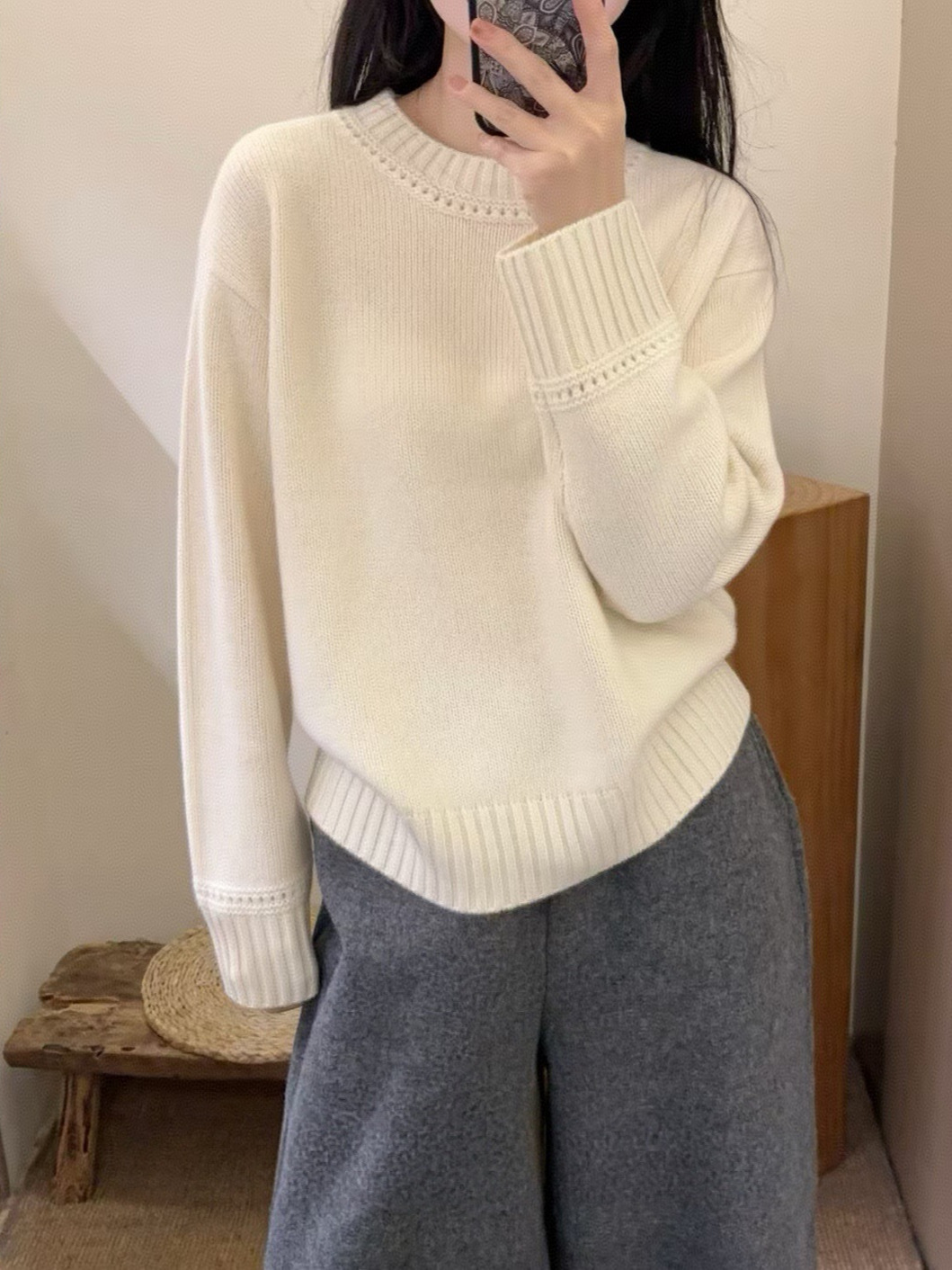 Cashmere wide-strapped outerwear thickened drop-shoulder sleeves lazy style base sweater wool cardigan women's round neck heavyweight soft and cozy white
