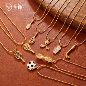 European and American sports equipment themed pendant necklace, badminton, tennis, and soccer clubs, trendy stainless steel gold-plated necklace.