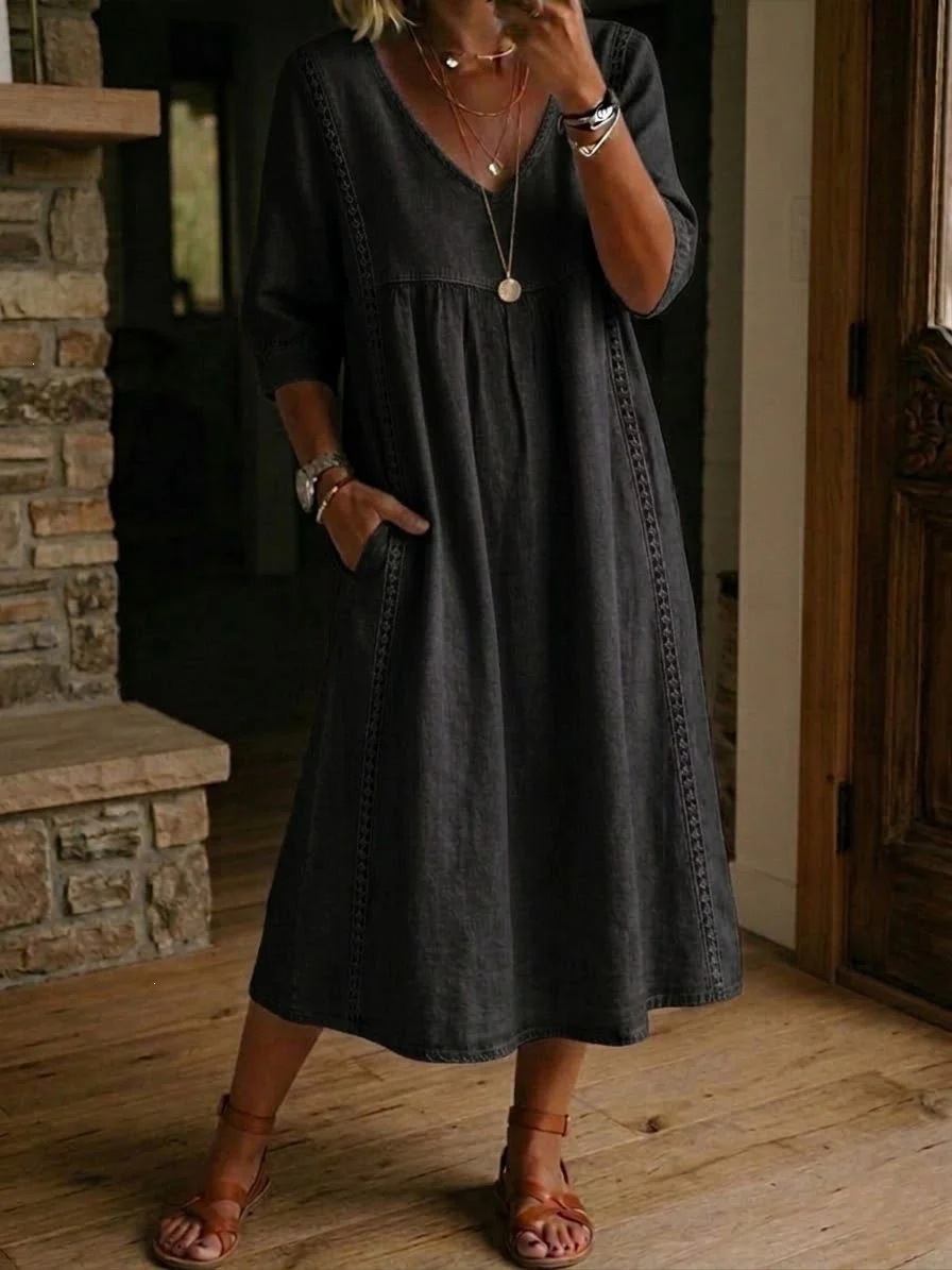 2026 Amazon New Summer European and American Style Cotton Linen V-neck Loose Fit Slimming Three-Quarter Sleeve Mid-Length Women's Dress - Image 9