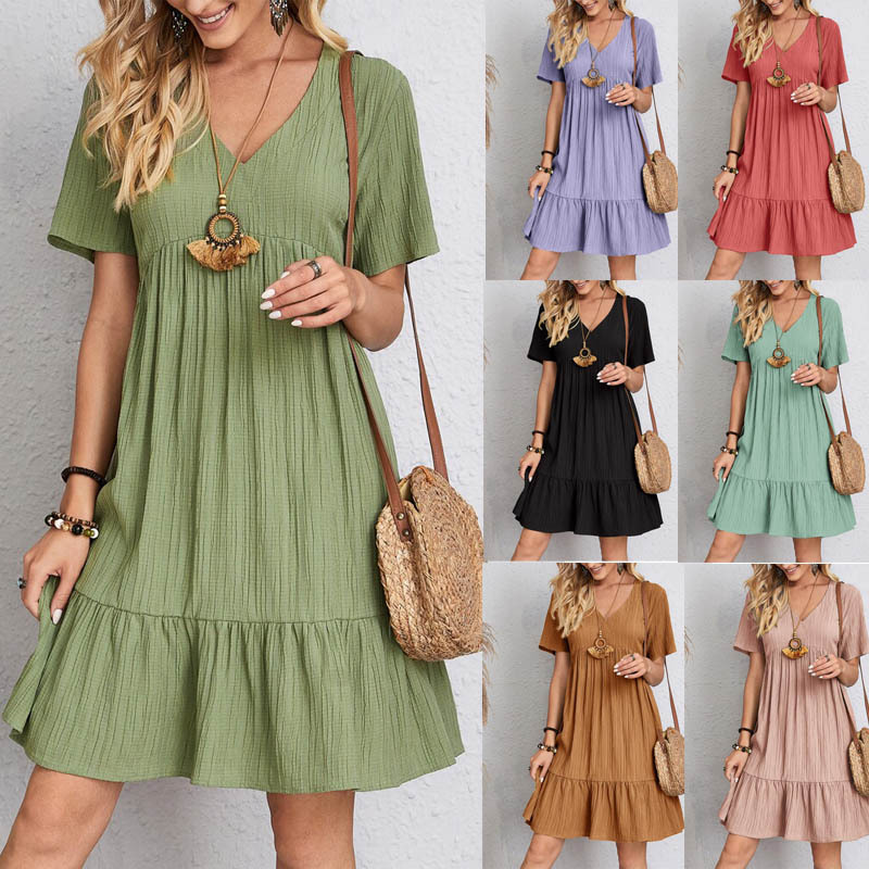 2022 cross-border foreign trade European and American women's clothing Amazon hot summer loose casual short-sleeved waist elegant dress - Image 8