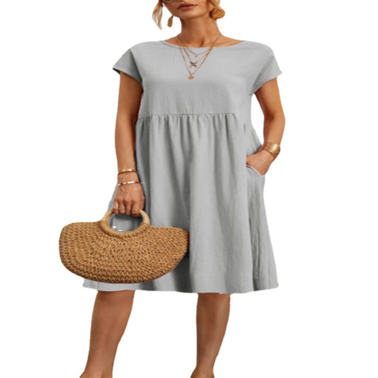 Amazon 2023 summer cross-border supply OL temperament women's cotton round neck A-line skirt dress manufacturer wholesale women - Image 2