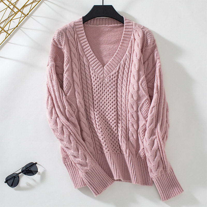 Fur-trimmed V-neck pullover European and American style women's knit sweater, 2024 autumn/winter new retro cable knit cross-border women's clothing sweater - Image 7