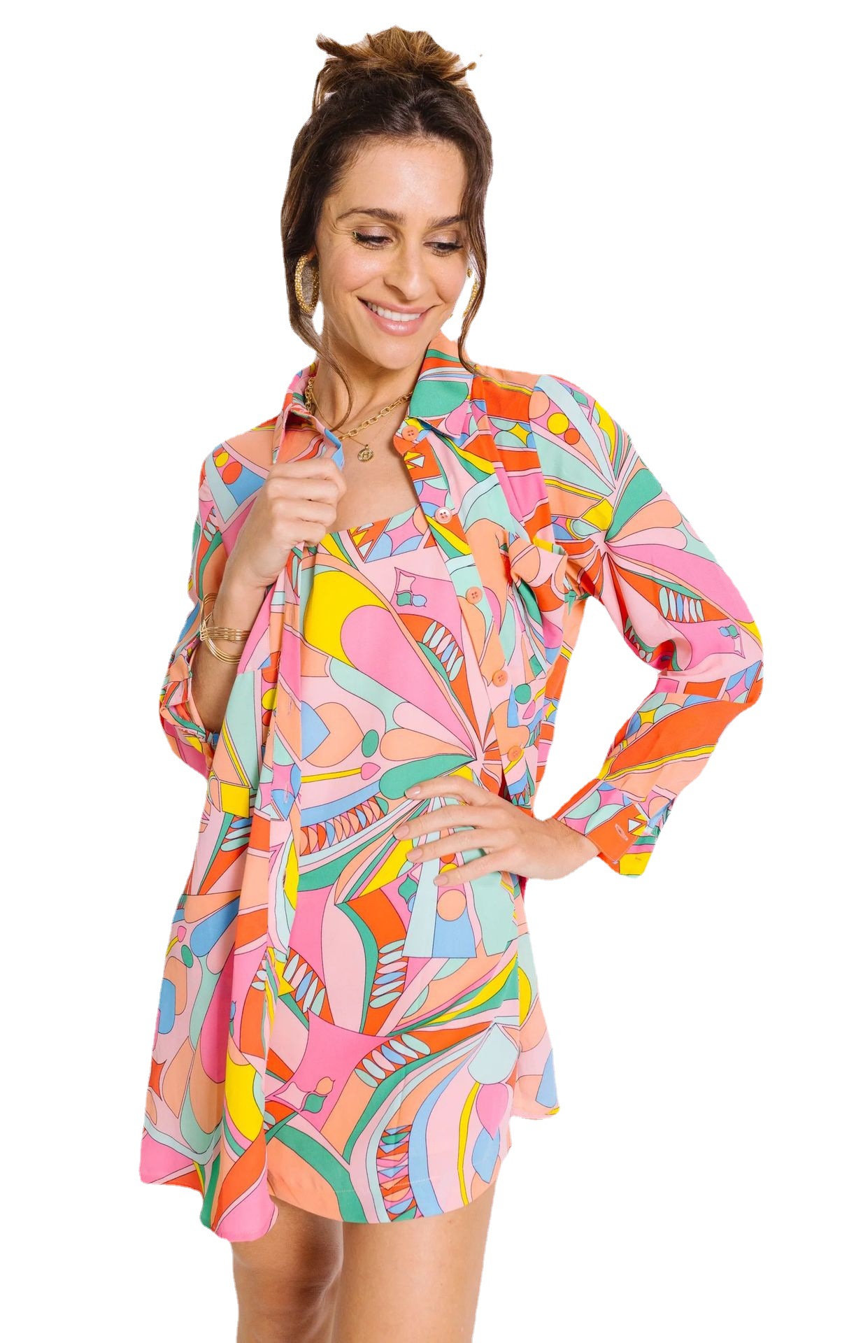 European and American cross-border women's clothing 2023 new shirt mid-length novel bright abstract printing blouse - Image 5