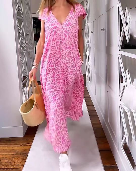 2023 cross-border European and American summer V-neck fashion dress Leopard print dress loose and slim - Image 3