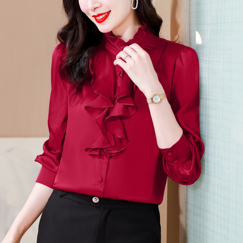 Green 1803 intellectual and generous temperament imitation silk shirt female long sleeve solid color lace collar palace style mulberry silk shirt - Image 3