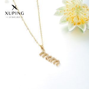Xuping's new fashionable alloy electroplated 14k color letter pendant necklace with artificial gemstones - a Mother's Day gift.