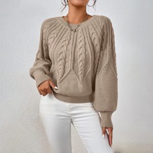 Amazon Fashion Pullover Crew Neck Knit Sweater Women's Cross-border Foreign Trade Cable Knit Ribbed Solid Color Versatile Casual Top