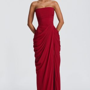 Asymmetric Pleated Strapless High-Slit Dress