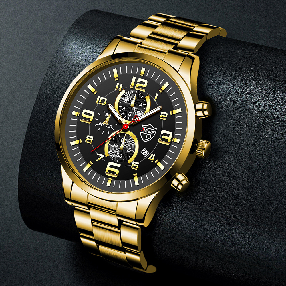 DEYROS Gold Watch Big Dial Men's Watch Middle East Explosive Luminous Calendar Steel Band Men's Watch - Image 4