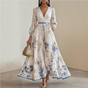 Women's Printed Long-Sleeve V-Neck Resort Dress
