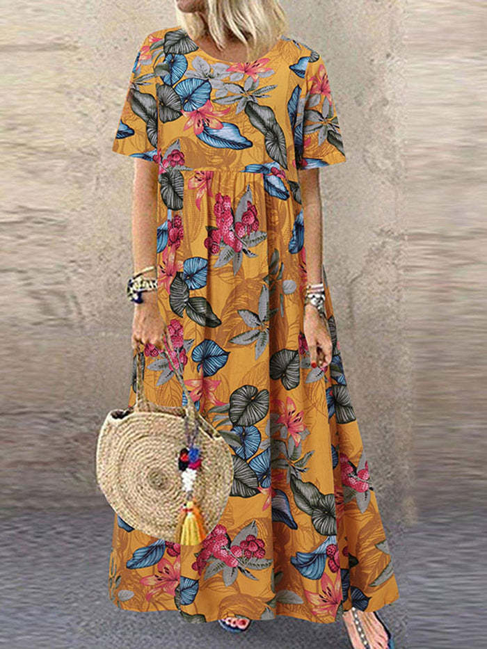 2022 European and American cross-border new long skirt Amazon round neck casual women's retro floral print loose short-sleeved - Image 2