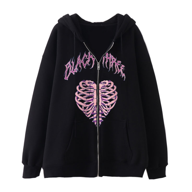 New arrival Skull Wings Hooded Zipper Sweatshirt Women Korean Style Plus Velvet Thickened Loose Sports Cardigan Sweatshirt Women - Image 19