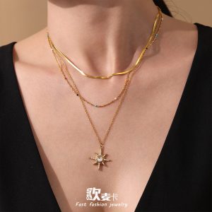 European and American cross-border stainless steel gold-plated zircon full diamond eight-pointed star double-layer necklace, French ins light luxury versatile jewelry
