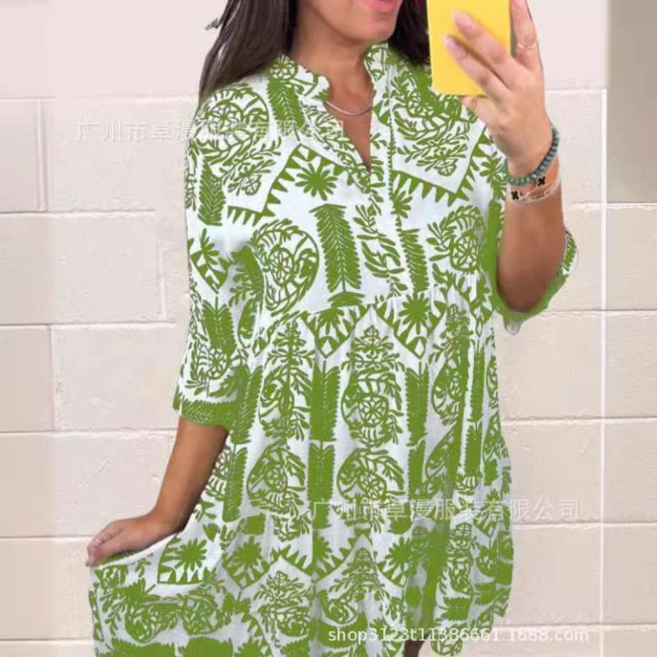 2024 Summer Amazon Independent Station New Women's Shirt Seaside Vacation Digital Positioning Printing Mid-Sleeve Dress - Image 3