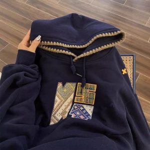 National trend embroidery American retro hooded sweatshirt for women autumn and winter slim loose lazy style plus velvet large size top