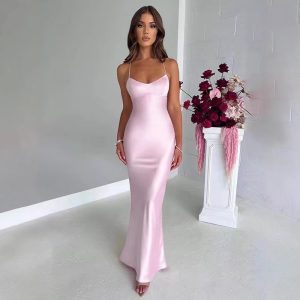 Women's Satin Halter Evening Dress with Lace-Up Back