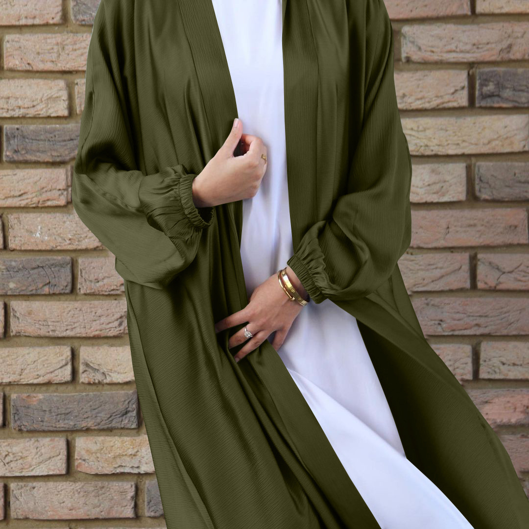Spot cross-border European and American Muslim women's bubble satin cardigan robe Middle East Dubai long-sleeved dress Muslim - Image 10