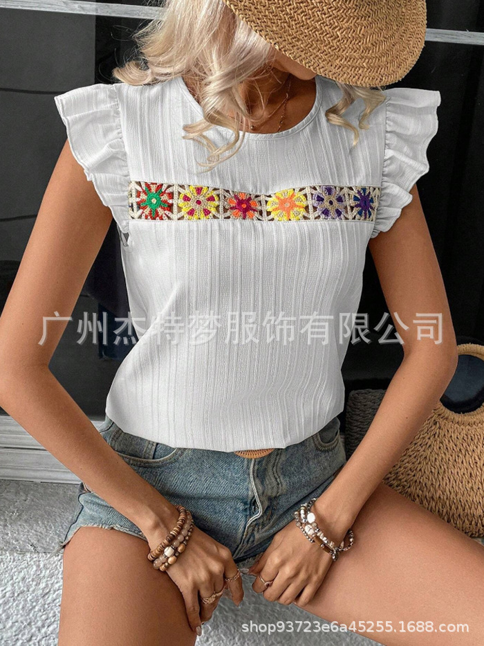 2025 European and American cross-border women's clothing Amazon independent website spring/summer new crochet hollowed-out lace short-sleeved shirt top - Image 10
