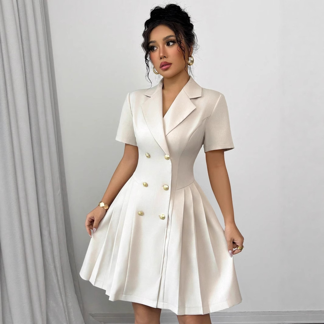 2025 Amazon AliExpress Summer New Solid Color Short-Sleeve Slim Waist Double-Breasted Dress for Women - Image 3