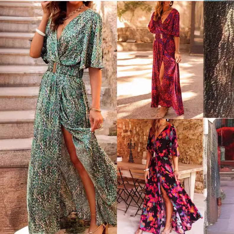 2025 spring and summer new European and American cross-border printed short-sleeved dress slim waist commuting mid-length temperament - Image 3