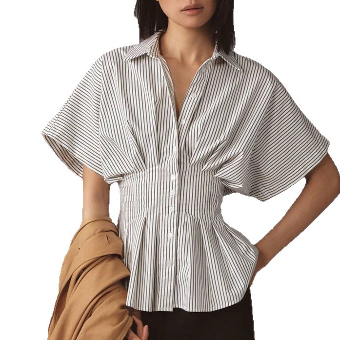 AliExpress New European and American Style Waist-cinching Shirt, Casual and Versatile Striped Pleated Waist-cinching Slimming Top - Image 5