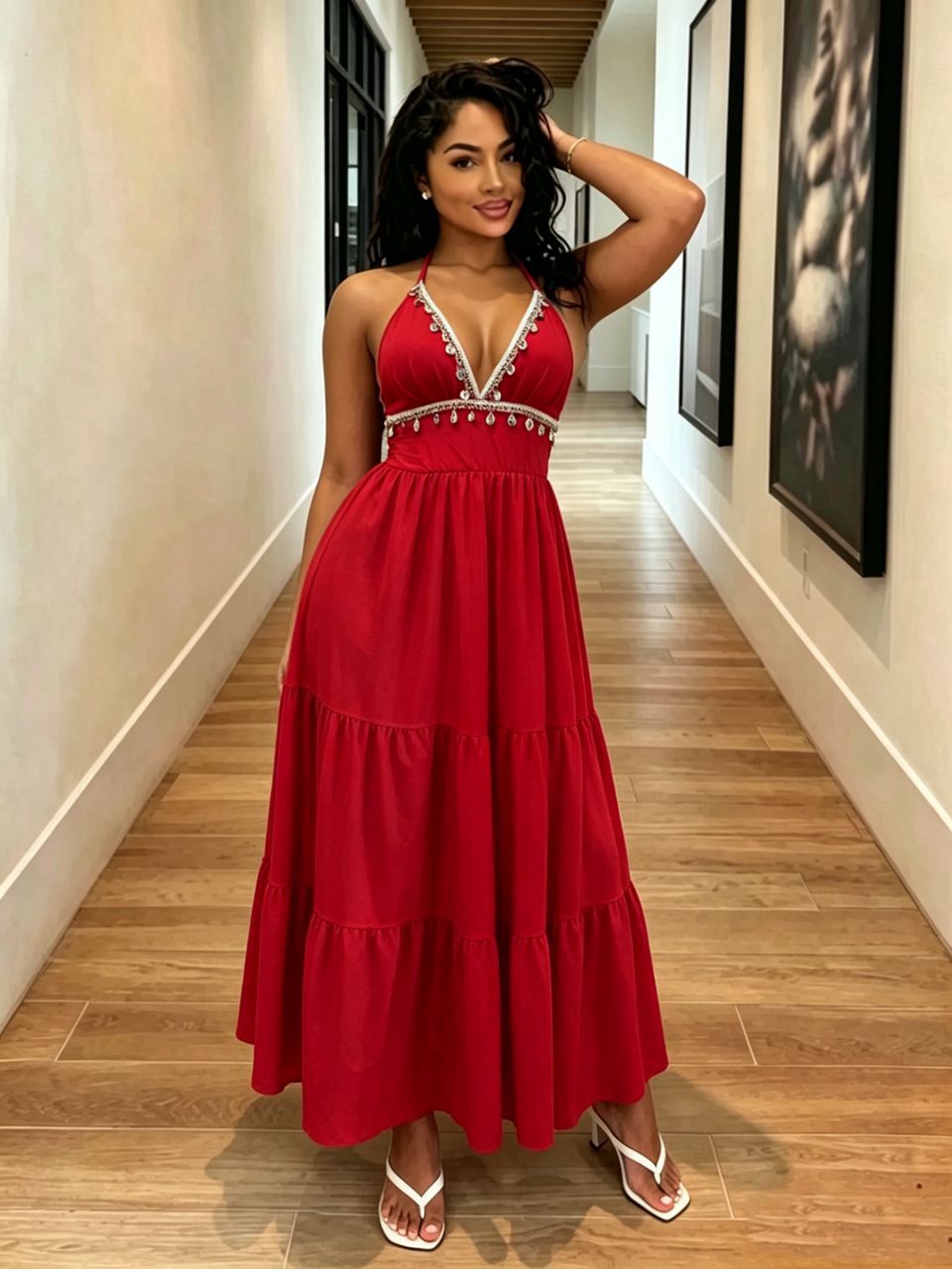 European and American style new cross-border resort-style V-neck halter neck tie dress with shell tassels, solid color fashionable long dress - Image 9
