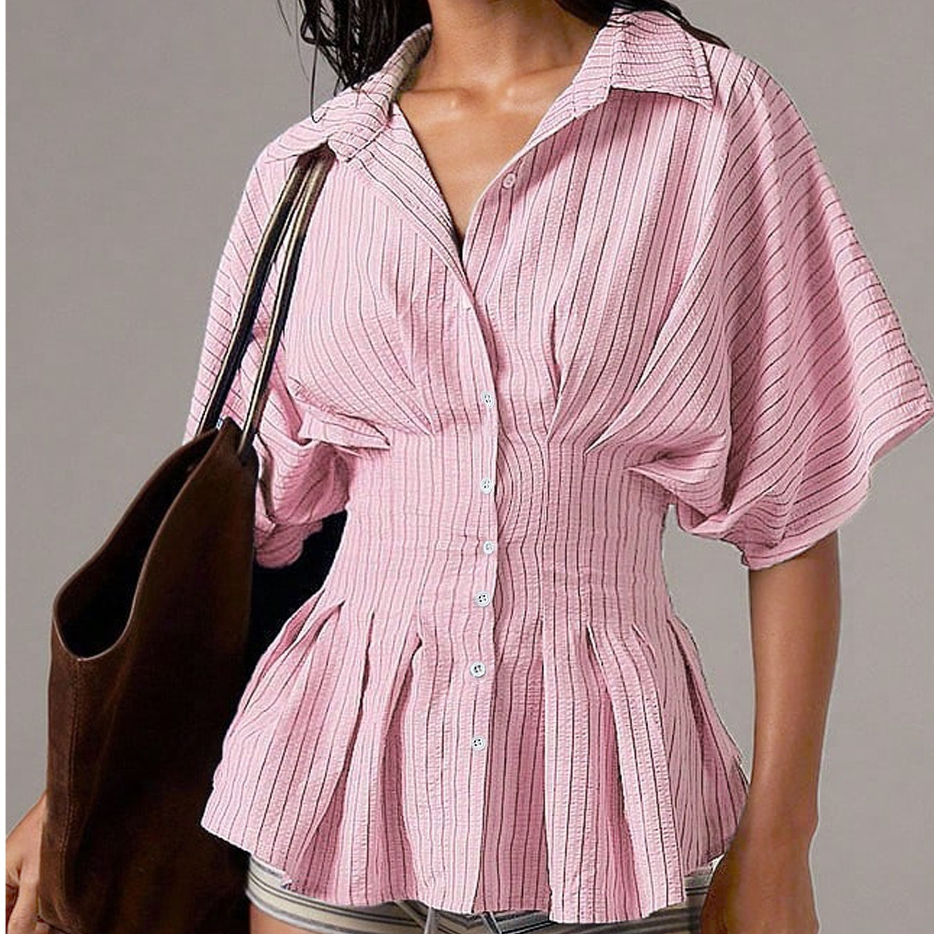 AliExpress New European and American Style Waist-cinching Shirt, Casual and Versatile Striped Pleated Waist-cinching Slimming Top - Image 4