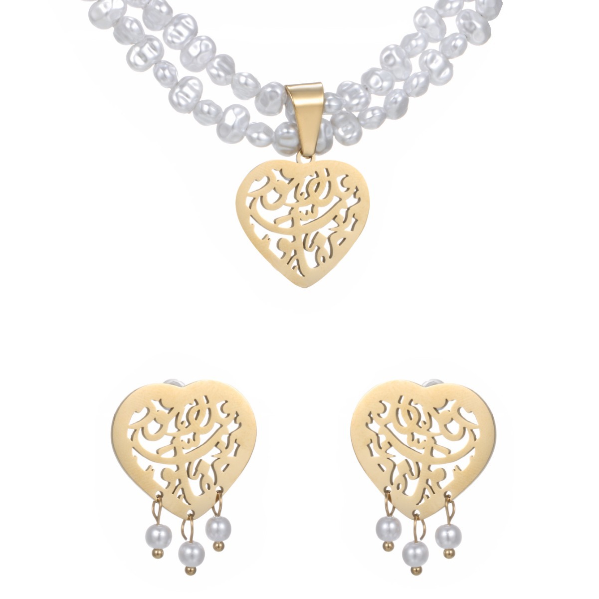 Xuping Jewelry Stainless Steel Heart Earrings & Imitation Pearl Necklace Autumn/Winter Set - European and American Fashion Retro Earrings for Women - Image 5
