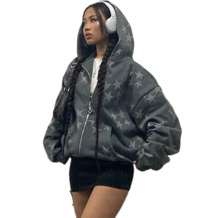 Amazon autumn and winter European and American couple models star print casual fashion cardigan hooded women's sweater jacket - Image 3
