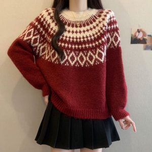 Retro jacquard relaxed style black sweater for women, new spring and autumn style, versatile, thickened diamond knit sweater, fashionable base layer.