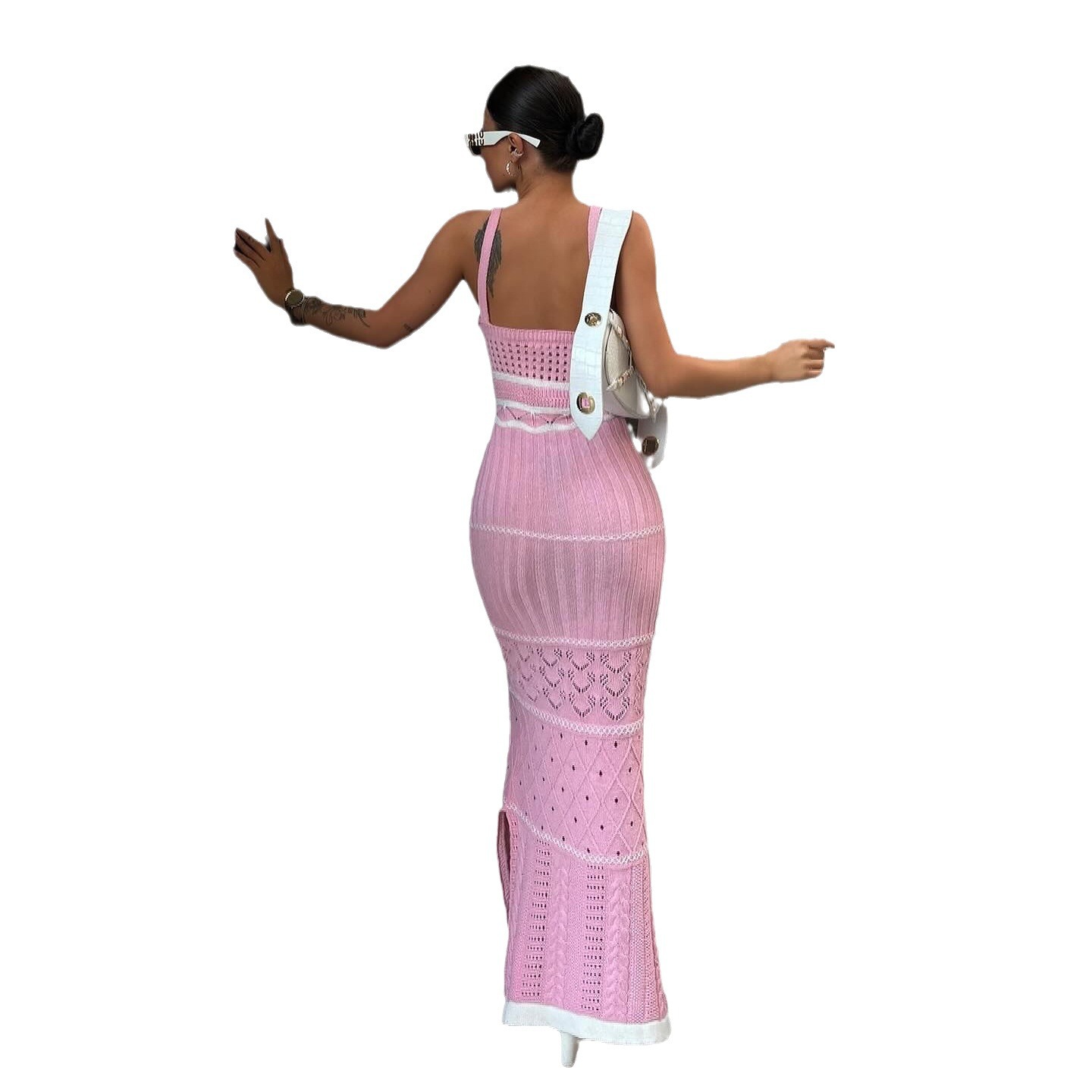 2024 European and American cross-border Amazon new sexy woolen dress suspenders contrast color U-neck low-cut hip-wrapped long skirt - Image 6