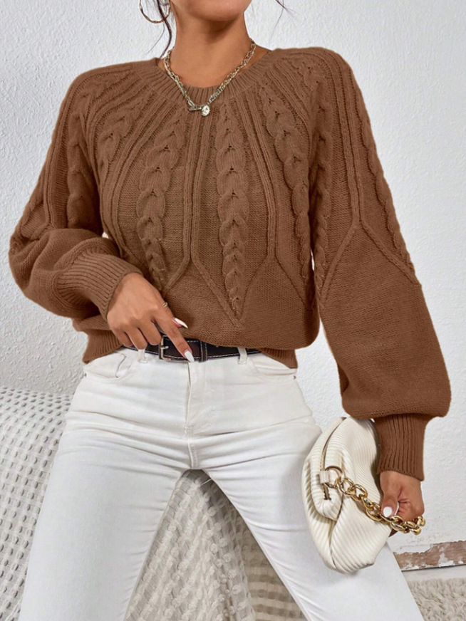 Amazon pullover crew neck knit sweater, cross-border foreign trade, long-sleeved cable knit solid color autumn and winter versatile knit top for women - Image 10