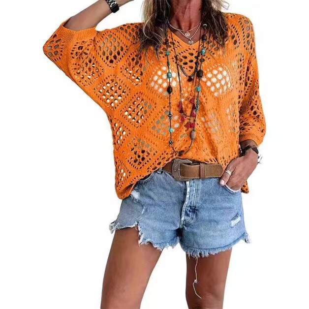 Cross-border e-commerce, Europe and America, Amazon Spring/Summer V-neck diamond-patterned openwork batwing sleeve women's sweater cover-up knitwear - Image 23