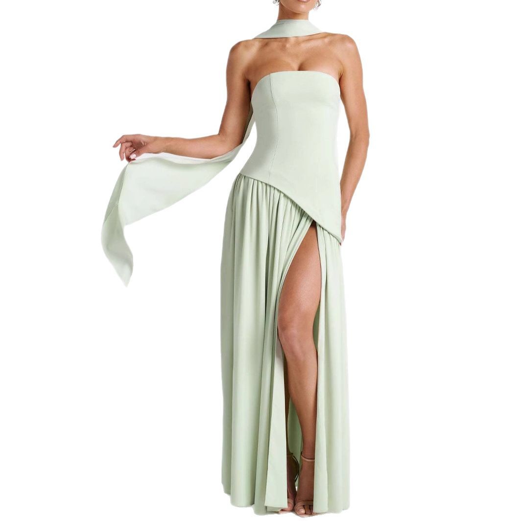 2025 European and American cross-border women's clothing tube top solid color slit dress fashionable sexy backless high slit long skirt new style - Image 5