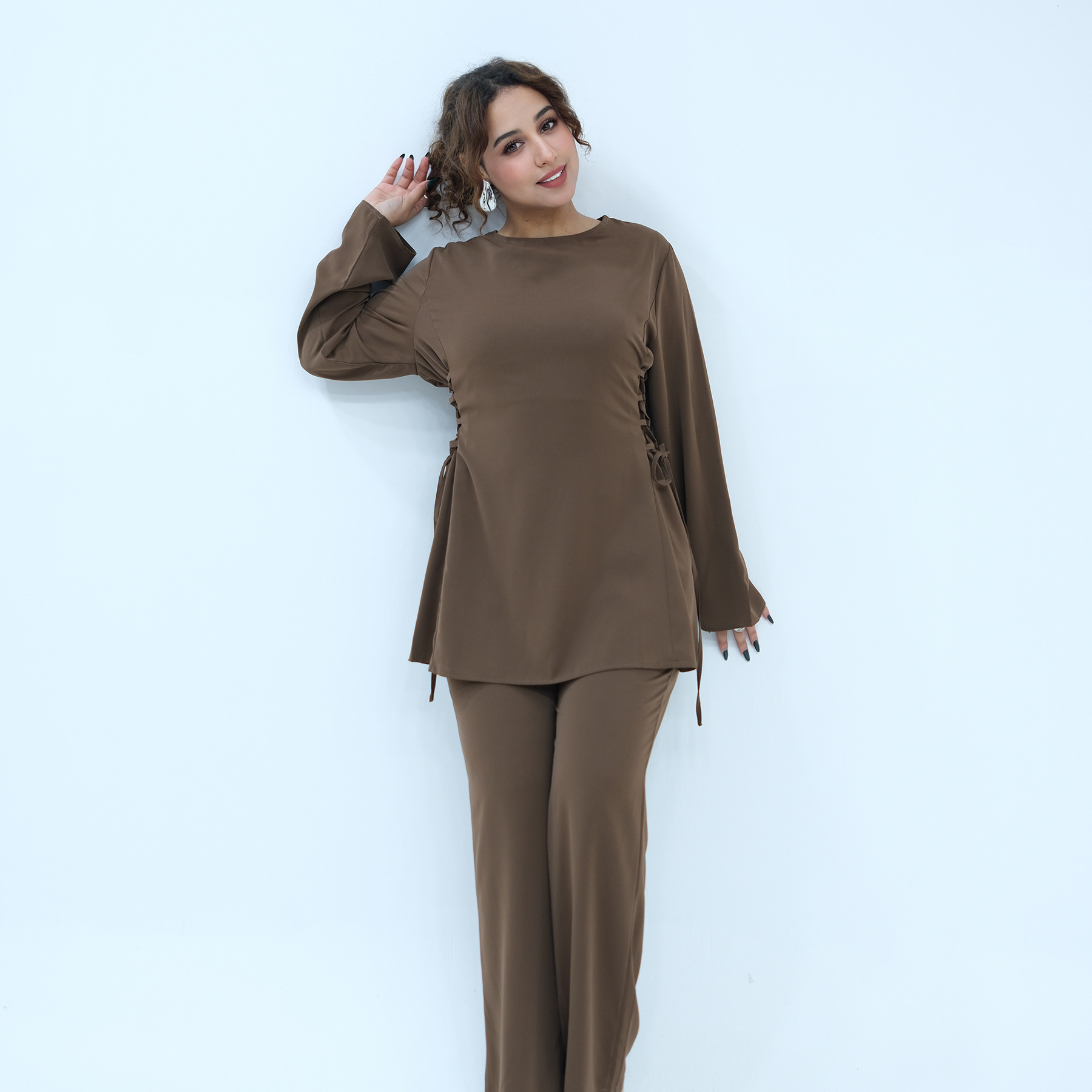 Ai Yirui's real-shot product, cross-border solid color waist-cinching two-piece set 1090 - Image 4
