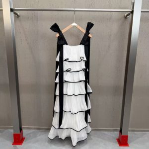 Color-Block Layered Ruffle Dress with Bow Detail