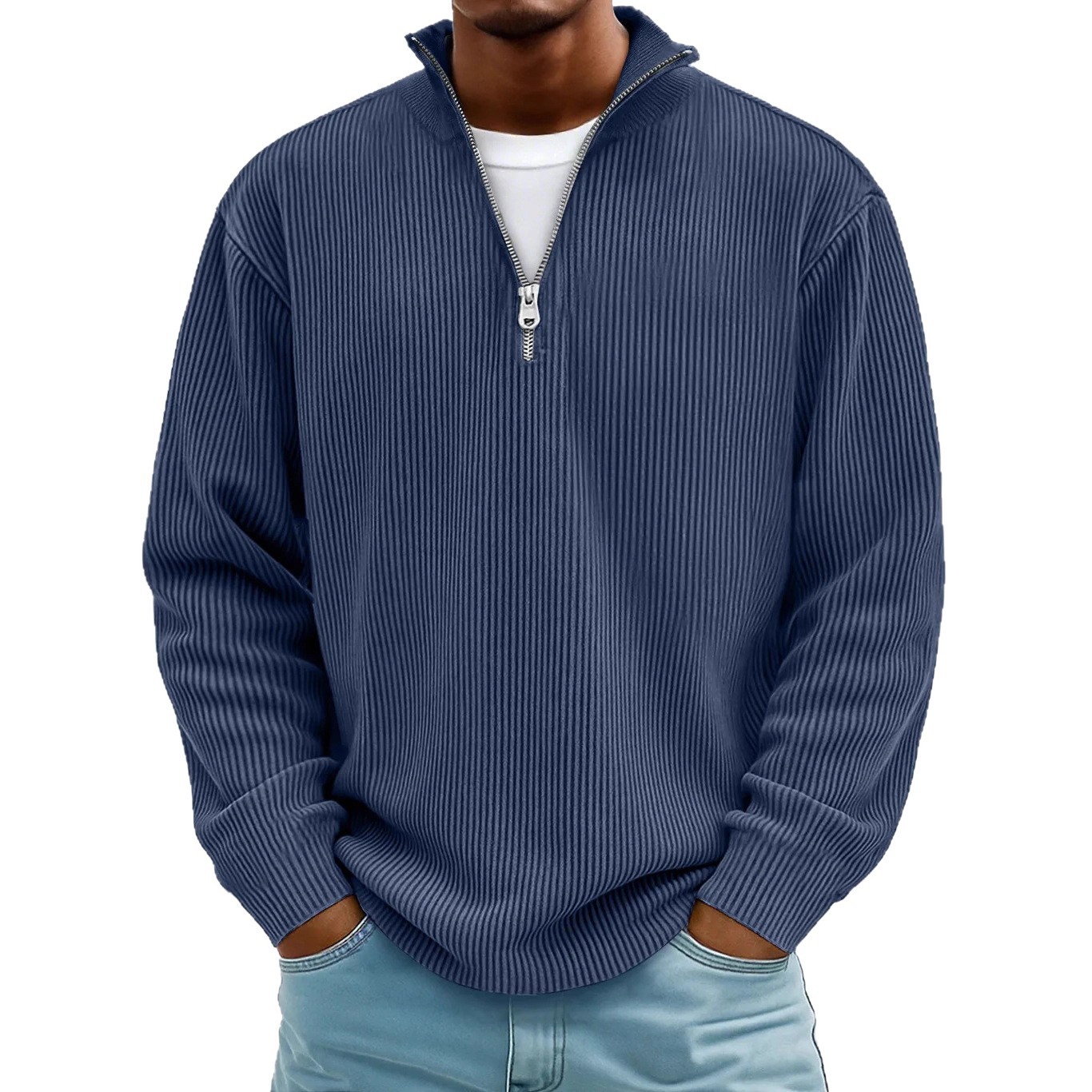 Amazon 2025 Fall/Winter New Men's Casual Stand Collar Zipper Corduroy Long Sleeve Polo Shirt/Sweatshirt - Image 5