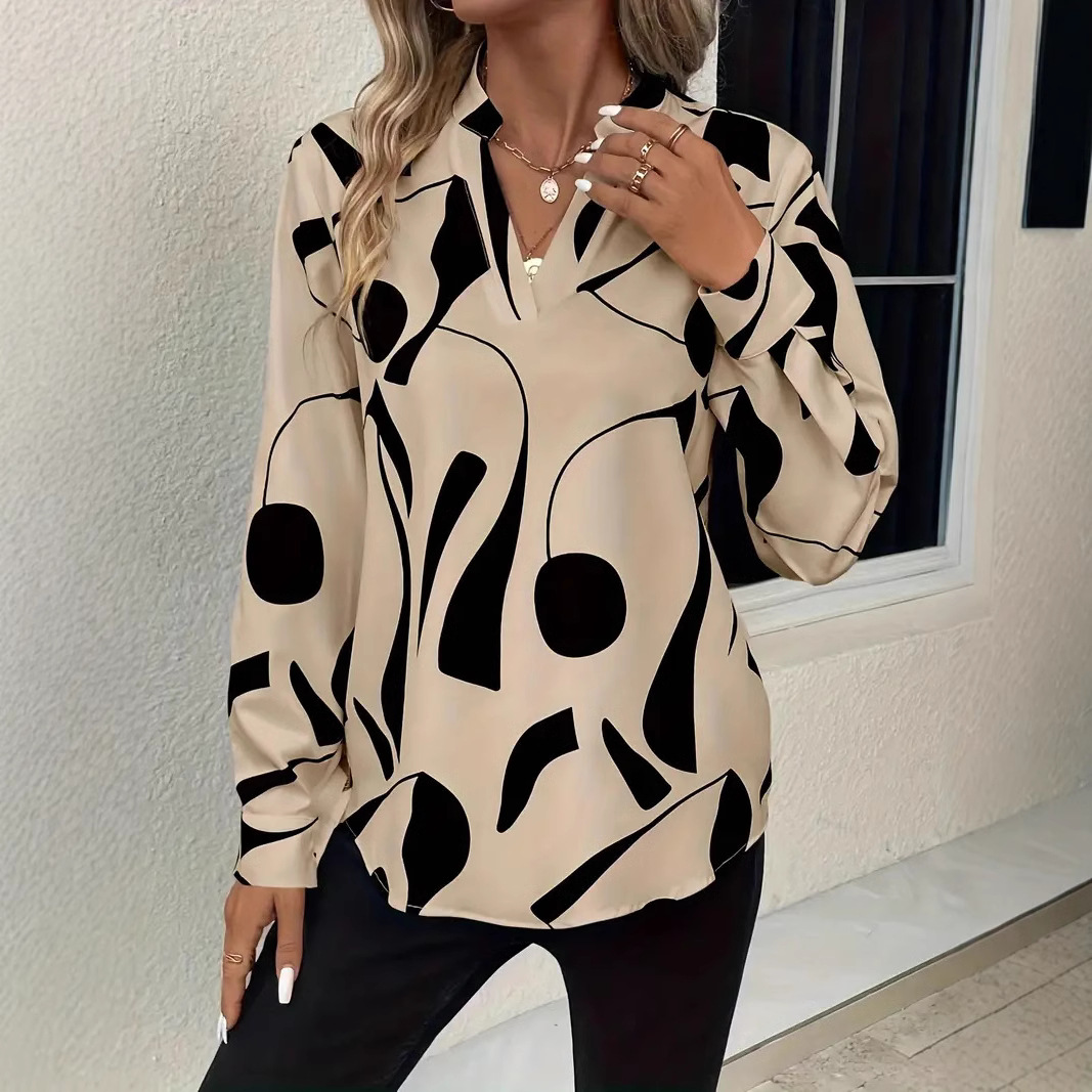In-stock Amazon, European and American cross-border Wish foreign trade women's printed unsleeved collar shirt casual long-sleeved shirt top