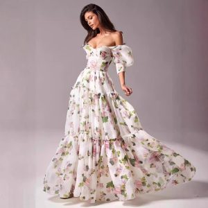 New European and American cross-border style off-shoulder European and American women's fashion organza fairy long elegant evening dress