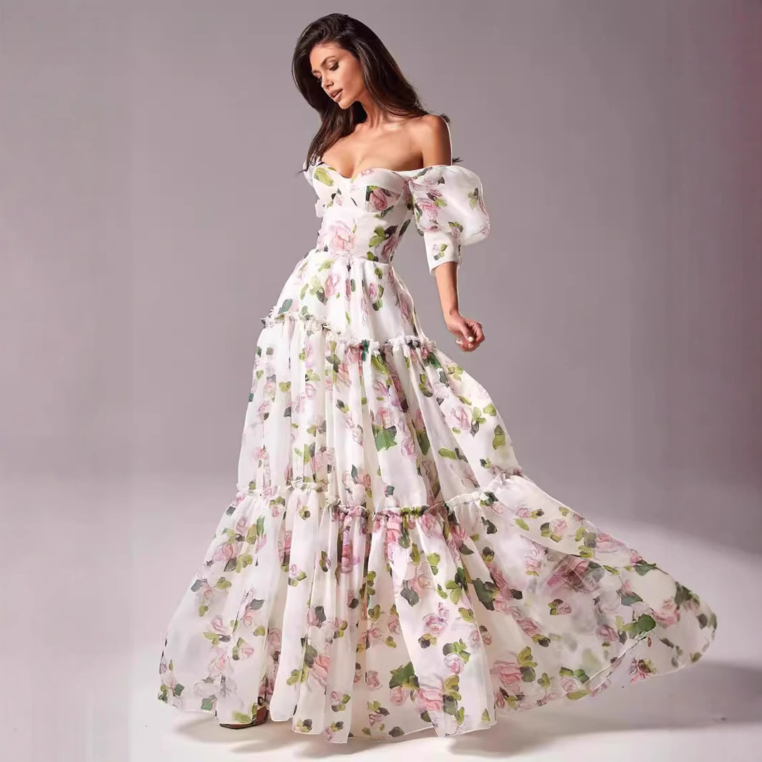 New European and American cross-border style off-shoulder European and American women's fashion organza fairy long elegant evening dress