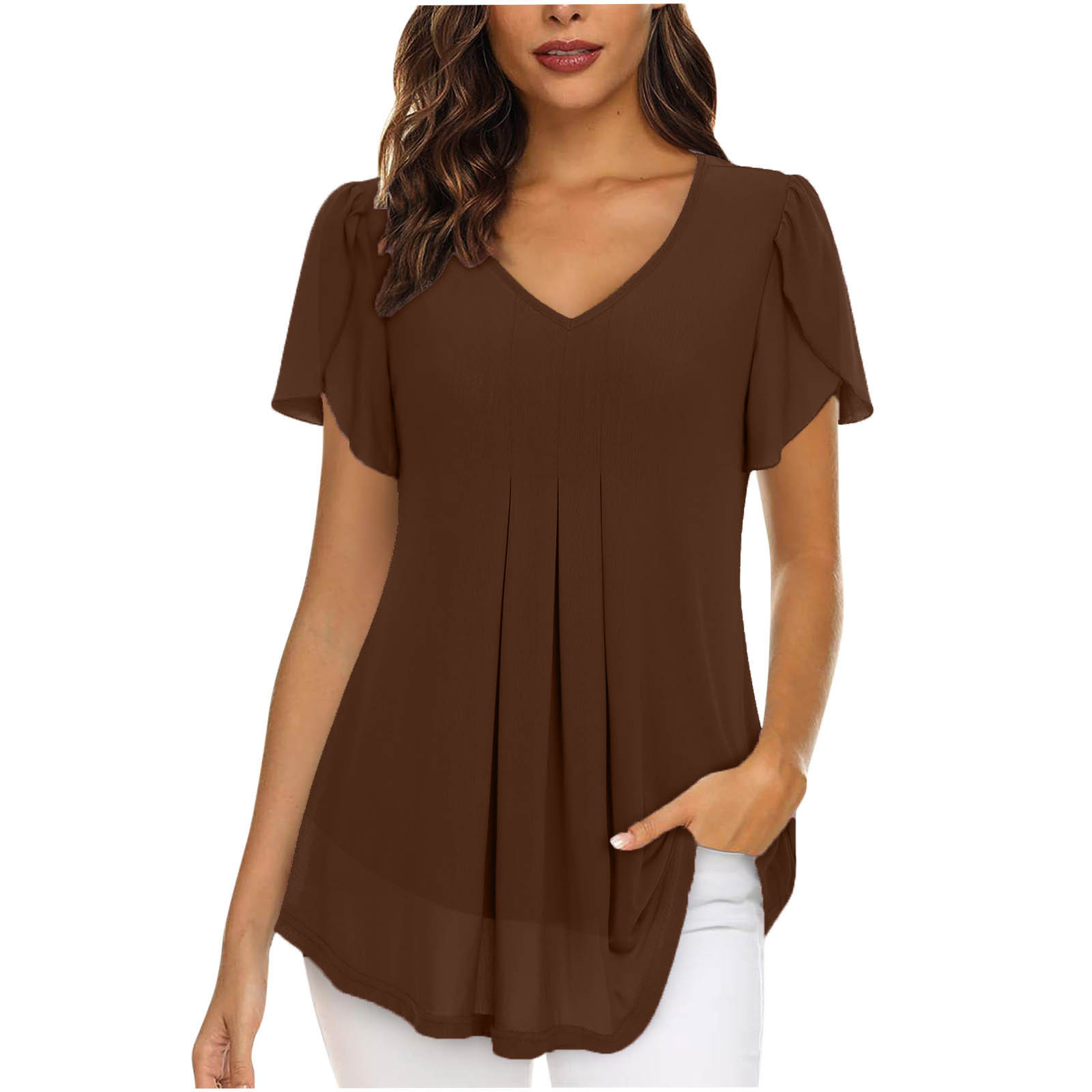 2023 European and American style women's chiffon blouse with petal-shaped short sleeves, waist-cinching top, summer casual T-shirt with pleats - Image 10