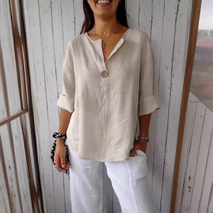 Amazon 2026 Cross-border European and American Summer New Loose T-shirt Women's V-neck Cotton Linen Button Top