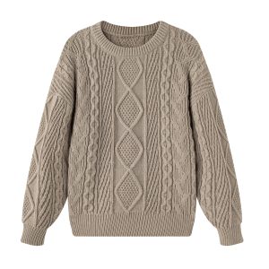 Men's Autumn/Winter Merard Khaki Cable Knit Sweater, Retro Heavy-Duty Crew Neck Knitwear, Loose Fit, Warm Outerwear